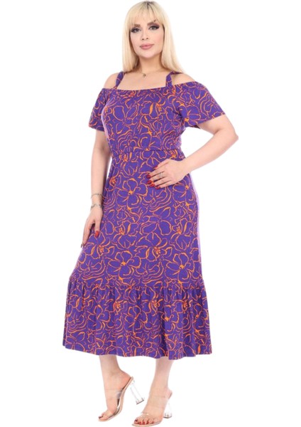 Mor Çiçek Desen Madonna Yaka Askılı Midi Elbise