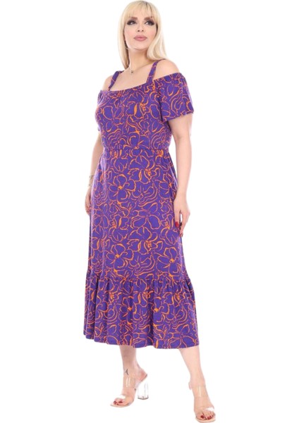 Mor Çiçek Desen Madonna Yaka Askılı Midi Elbise fiyatları