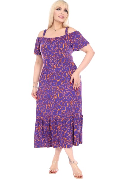 Mor Çiçek Desen Madonna Yaka Askılı Midi Elbise modelleri