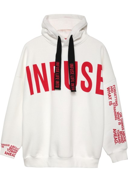 Kolu Yazı Baskılı Kapüşonlu Sweatshirt Ekru