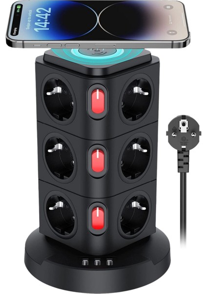 Korumalı Priz Kablosuz Şarj Istasyonu 12X Priz / 1x USB / 2x Type-C Girişli 1.8mt Kablo