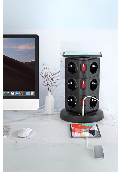 Korumalı Priz Kablosuz Şarj Istasyonu 12X Priz / 1x USB / 2x Type-C Girişli 1.8mt Kablo