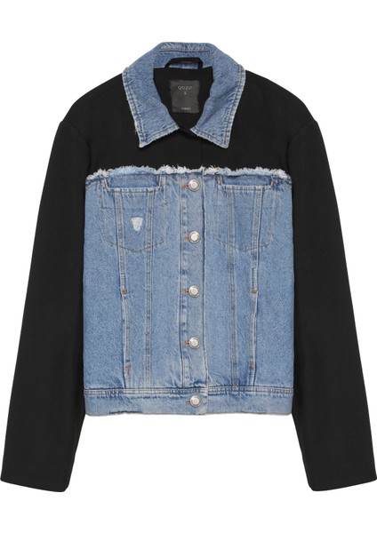 Denim Match Detaylı Düğmeli Ceket Siyah