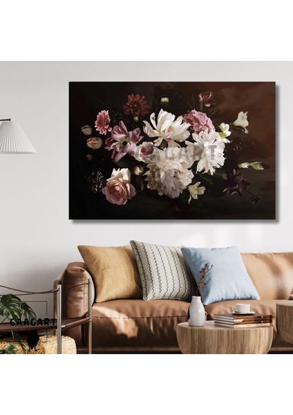 Tekli Yatay Kanvas Duvar Tablosu Siyah Kelebek Ve Çiçekler