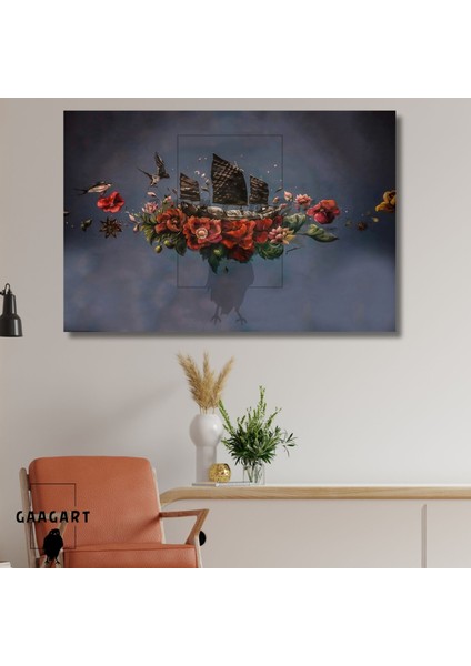 Tekli Yatay Kanvas Duvar Tablosu Kahverengi Kuşlar Ve Çiçek