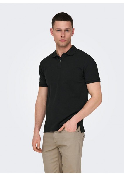 Düz Siyah Erkek Polo T-Shirt Onstray Slım Ss Polo