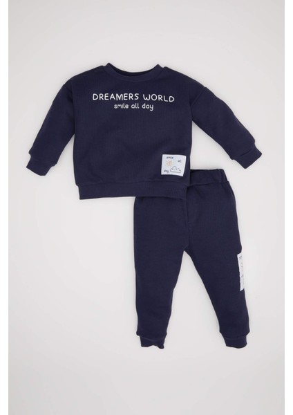 Erkek Bebek 2'li Takım Etiket Baskılı Bisiklet Yaka Sweatshirt Selanik Kumaş Beli Lastikli Jogger Eşofman Altı D4647A524AU