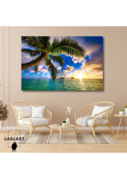 Tekli Yatay Kanvas Duvar Tablosu Palmiye Deniz Ve Gökyüzü