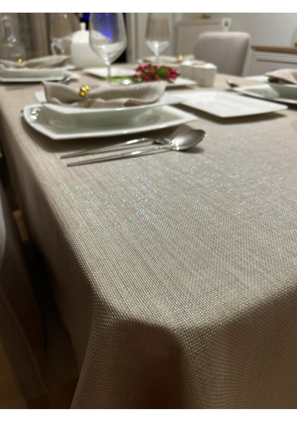 Meral Kurşun Collection Polyester Keten Simli Masa Örtüsü Taş Rengi + 12 Peçete