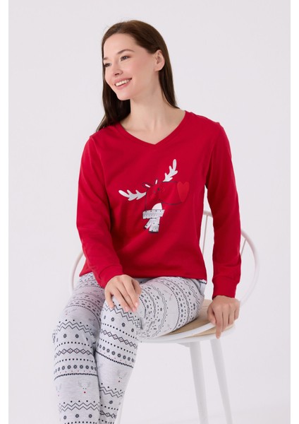 Kadın Uzun Kol Pijama Takım AR3052 Kırmızı