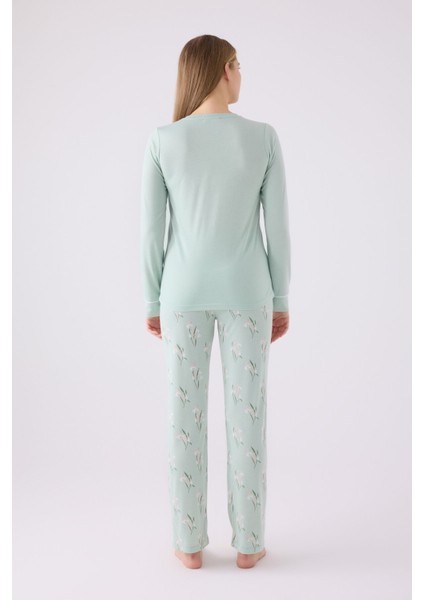 Kadın Uzun Kol Pijama Takım AR3063 Nil Yeşili