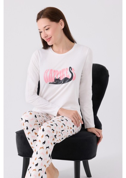 Kadın Uzun Kol Pijama Takım AR3058 Krem modelleri