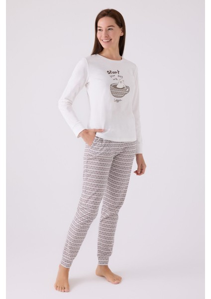 Kadın Uzun Kol Pijama Takım AR3086 Krem