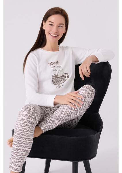 Kadın Uzun Kol Pijama Takım AR3086 Krem modelleri
