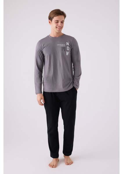 Erkek Uzun Kol Pijama Takım AR3144 Koyu Gri
