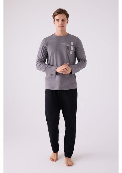 Erkek Uzun Kol Pijama Takım AR3144 Koyu Gri