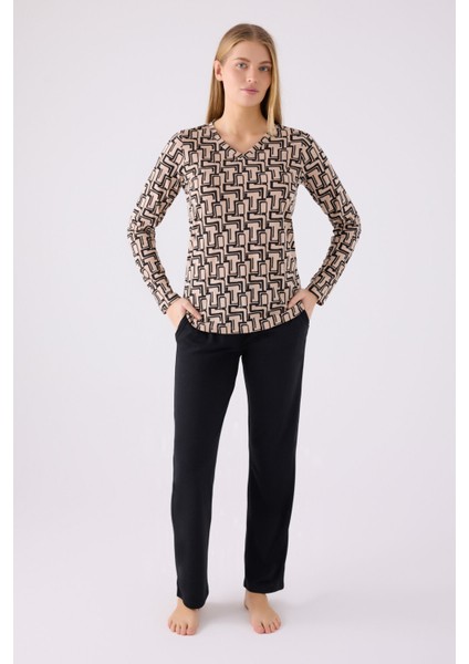 Kadın Krem Uzun Kol Pijama Takım