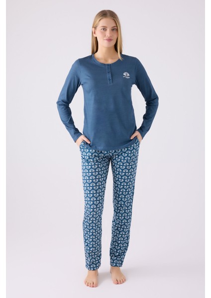 Pıerre Cardın Kadın Uzun Kol Pijama Takım PC8882 Mavi