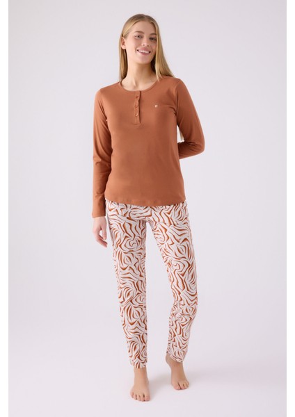 Kadın Kahverengi Uzun Kol Pijama Takım modelleri