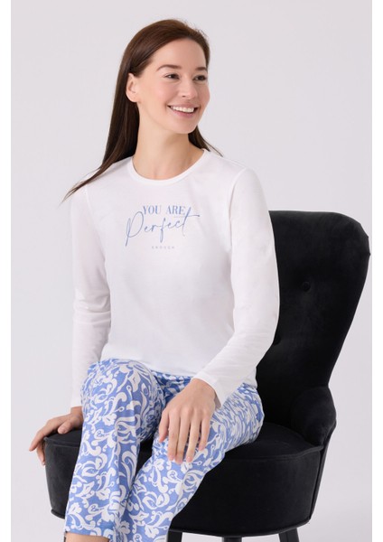 Kadın Uzun Kol Pijama Takım AR3068 Krem modelleri