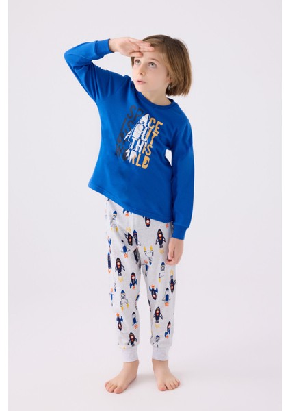 Erkek Çocuk Mavi Uzun Kol Pijama Takım