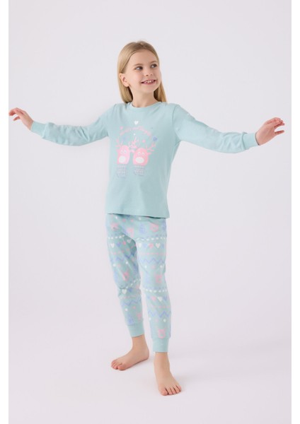 Kız Çocuk Uzun Kol Pijama Takım RP3486 Su Yeşili