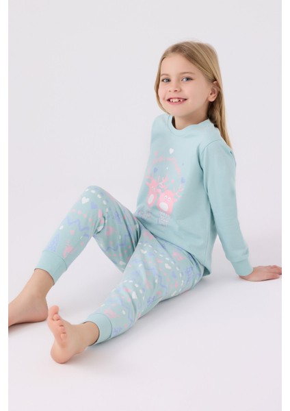 Kız Çocuk Uzun Kol Pijama Takım RP3486 Su Yeşili modelleri