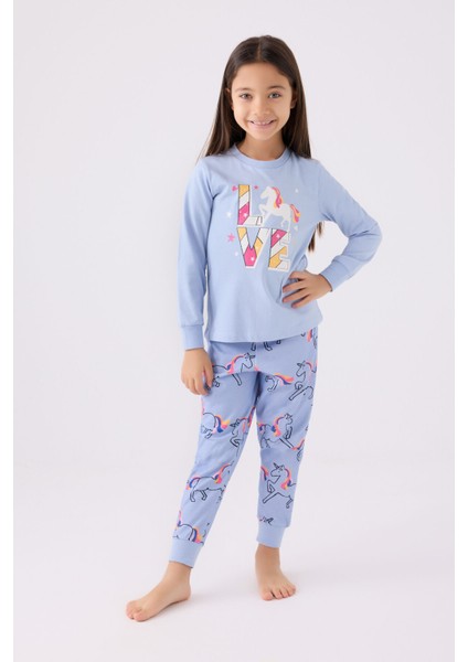 Rolypoly Kız Çocuk Uzun Kol Pijama Takım RP3476 Mavi