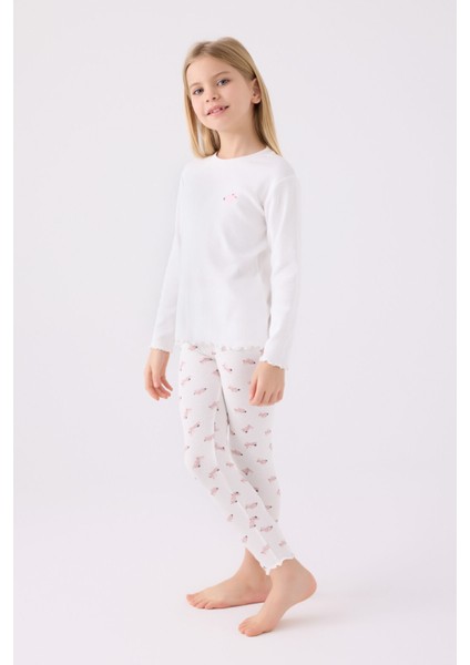 Kız Çocuk Uzun Kol Pijama Takım RP3458 Krem