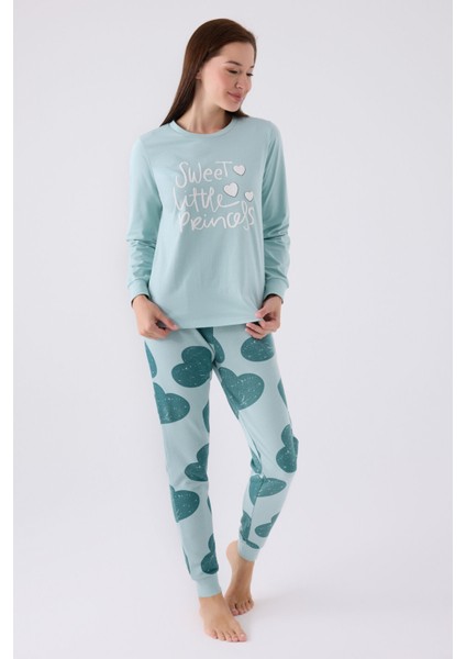 Kadın Mavi Uzun Kol Pijama Takım
