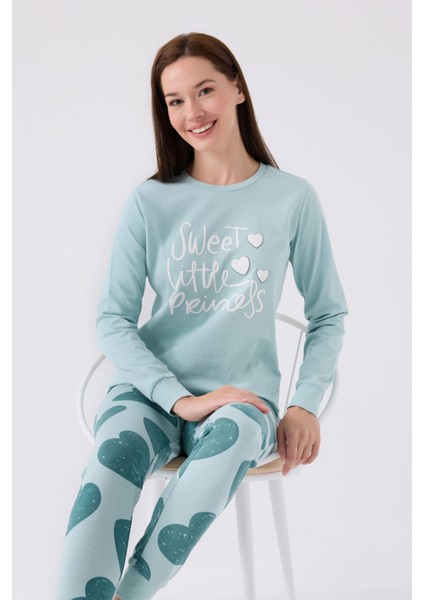 Kadın Mavi Uzun Kol Pijama Takım
