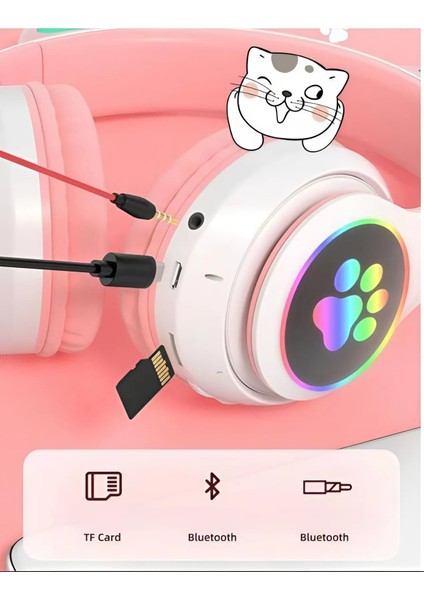 Bluetooth Kablosuz Renkli LED Işıklı Kedili Katlanabilir Sd Kartlı Çocuk Kafa ve Kulak Üstü Kulaklık