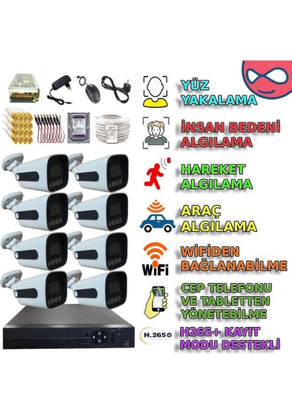 5 Megapiksel Gece Renkli Gösteren 8 Kameralı Güvenlik Kamerası Seti - BTXM303SET8