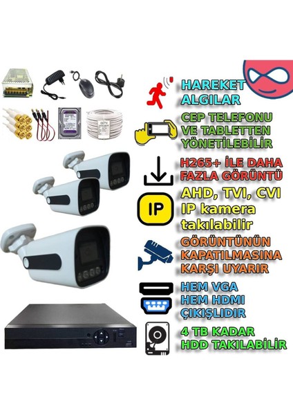 5 Megapiksel Gece Renkli Gösteren 3 Kameralı Güvenlik Kamerası Seti - BTXM303SET3