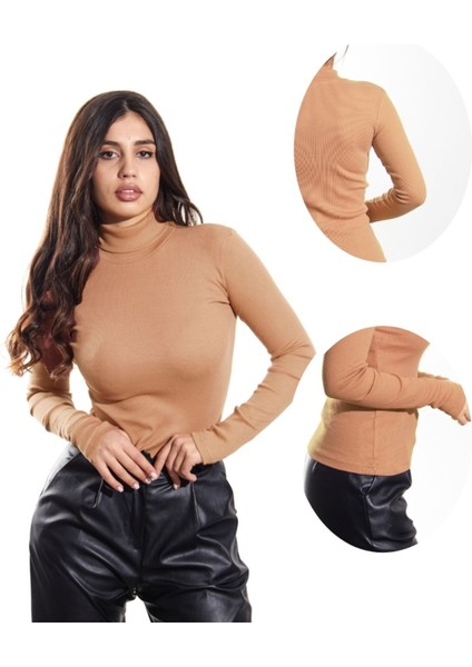 Kaşkorse Tam Boğazlı Body Sweatshirt, Pudra, M