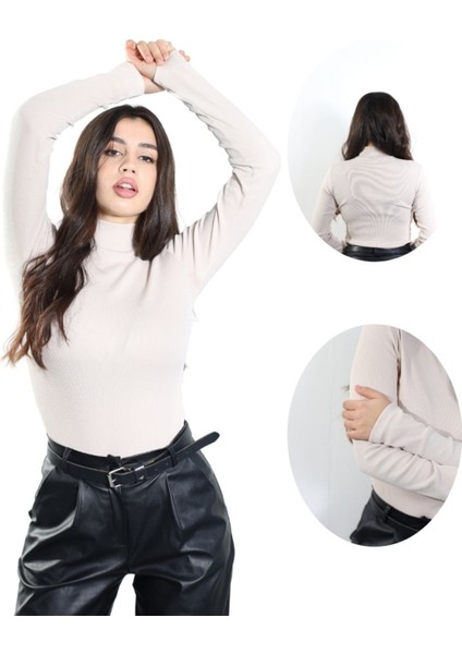 Alya Underwear Kaşkorse Tam Boğazlı Body Sweatshirt, Bej (Kemik), Xl