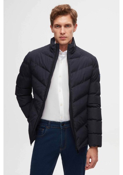 Slim Fit Lacivert Gizlenebilir Kapüşonlu Elyaf Dolgulu Rüzgar Geçirmez Mont 3EC073151002M