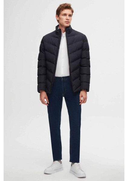 Slim Fit Lacivert Gizlenebilir Kapüşonlu Elyaf Dolgulu Rüzgar Geçirmez Mont 3EC073151002M