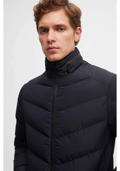 Slim Fit Lacivert Gizlenebilir Kapüşonlu Elyaf Dolgulu Rüzgar Geçirmez Mont 3EC073151002M