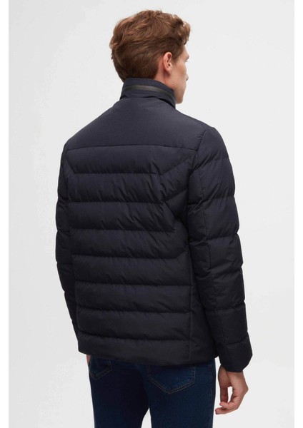 Slim Fit Lacivert Gizlenebilir Kapüşonlu Elyaf Dolgulu Rüzgar Geçirmez Mont 3EC073151002M