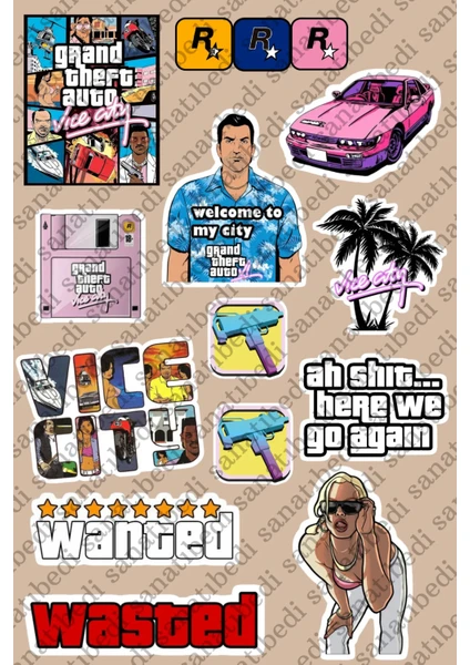 Gta Vice City Game Oyun Etiketi - Telefon Kask Motorsiklet Laptop Için Sticker Seti (Suya Dayanıklı)