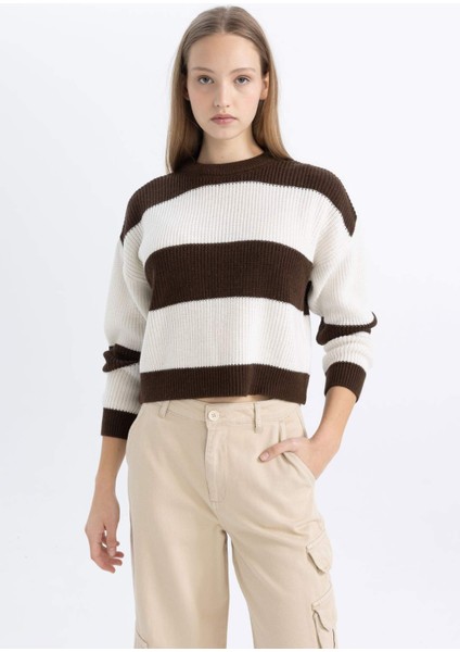 Coool Oversize Geniş Kalıp Bisiklet Yaka Çizgili Triko Kazak X4931AZ24WN