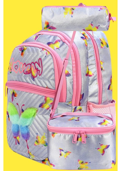Kelebek Baskılı Su Geçirmez Beslenmeli ve Kalemlikli Ortopedik 3 Bölmeli Okul Çantası 3'lü Set
