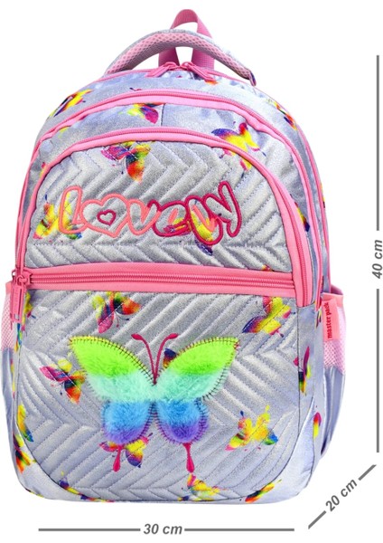 Kelebek Baskılı Su Geçirmez Beslenmeli ve Kalemlikli Ortopedik 3 Bölmeli Okul Çantası 3'lü Set fiyatları