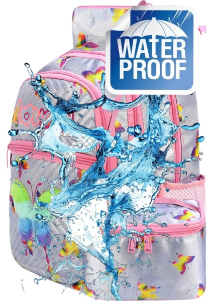 Kelebek Baskılı Su Geçirmez Beslenmeli ve Kalemlikli Ortopedik 3 Bölmeli Okul Çantası 3'lü Set modelleri