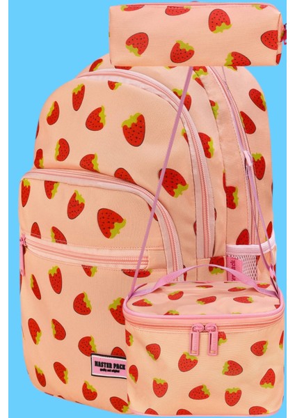 Çilek Desenli Su Geçirmez Beslenmeli ve Kalemlikli Ortopedik 3 Bölmeli Okul Çantası 3'lü Set