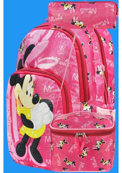 Minnie Baskılı Su Geçirmez Beslenmeli ve Kalemlikli Ortopedik 3 Bölmeli Okul Çantası 3'lü Set