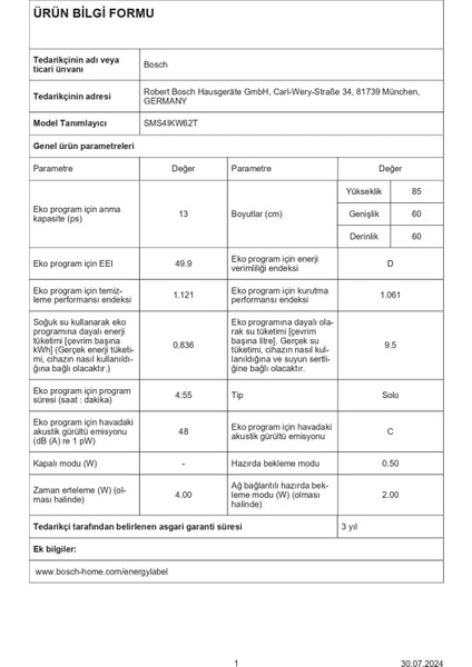 SMS4IKW62T D enerji Sınıfı 60 Cm beyaz Serie 4 solo Bulaşık Makinesi