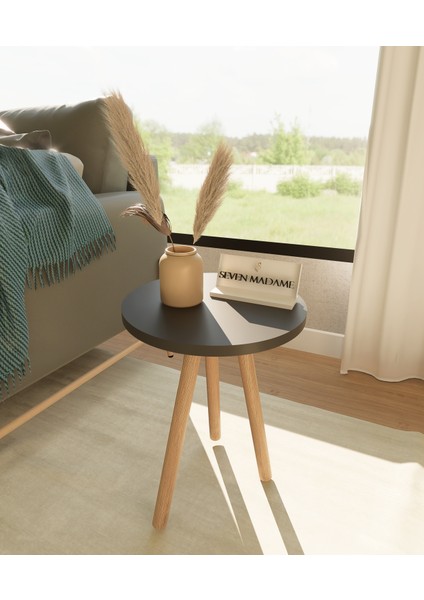 Tekli Yuvarlak Zigon Sehpa, Antrasit, Ahşap Kayın Ayak