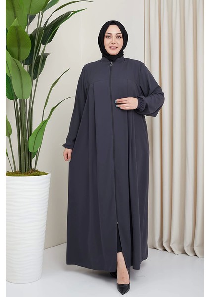 Medine Ipeği Tesettür Pile Detaylı Ferace MDC-0165 Füme